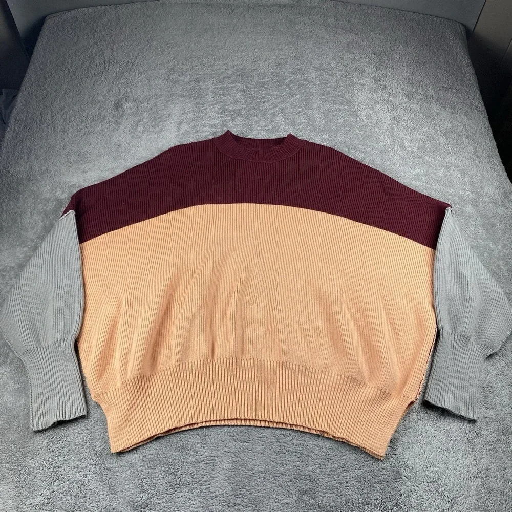 Free People Oversized Color Block Crew Neck Sweater Womens XS‎ Red Peach Gray